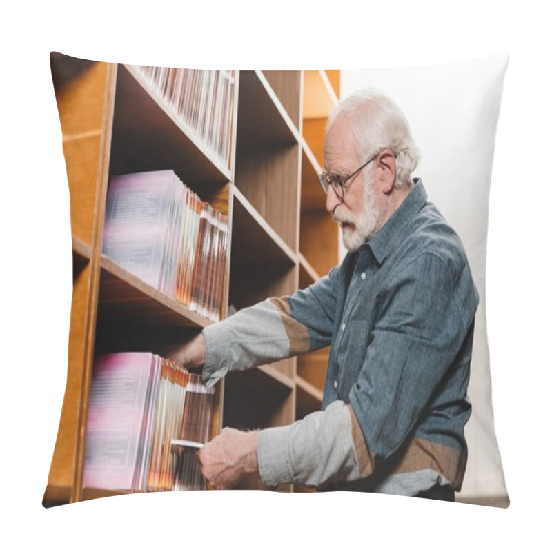 Personality  Side View Of Grey Hair Librarian Searching For Book Pillow Covers