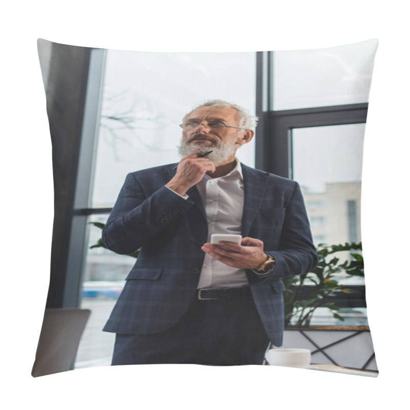 Personality  Pensive Businessman Holding Smartphone And Pen Near Coffee In Office  Pillow Covers