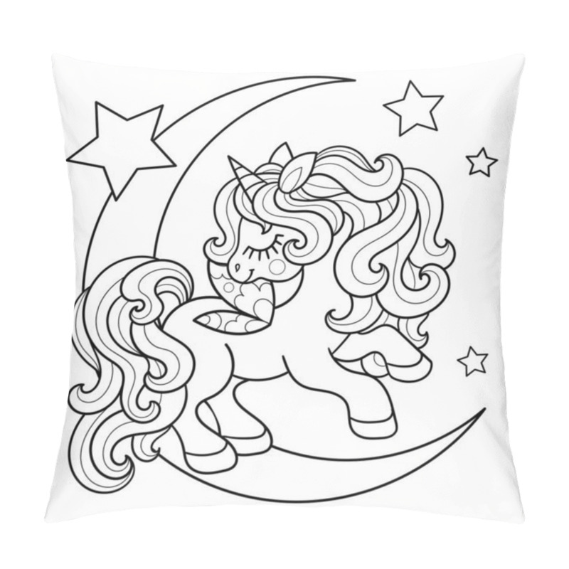 Personality  Cartoon Unicorn Is Jumping On The Moon With Stars. Black And White Line Drawing. For Children's Design Of Coloring Books, Prints, Posters, Stickers, Cards, Puzzles And So On. Vector Pillow Covers