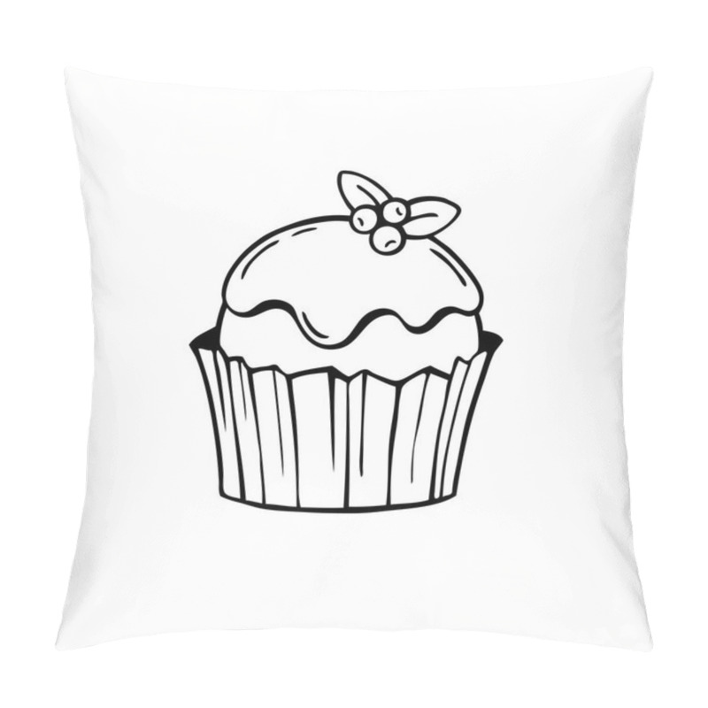 Personality  Cake With Frosting And Blueberries. Black And White Vector Illustration. Pillow Covers