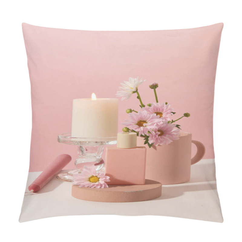 Personality  A Burning Candle Is Placed On A Glass Candlestick, An Unlabeled Perfume Bottle Is Placed On A Wooden Podium And Fresh Flowers Are On A Pink And White Background. Copy Space For Ads. Pillow Covers