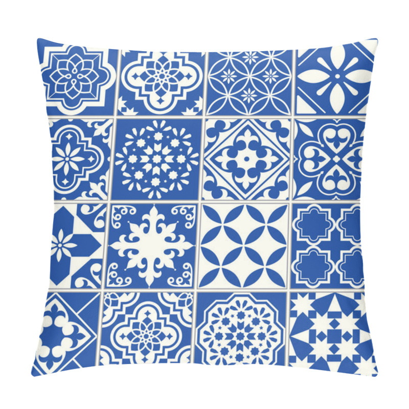 Personality  Spanish Or Portuguese Vector Tile Pattern, Lisbon Floral Mosaic, Mediterranean Seamless Navy Blue Ornament Pillow Covers