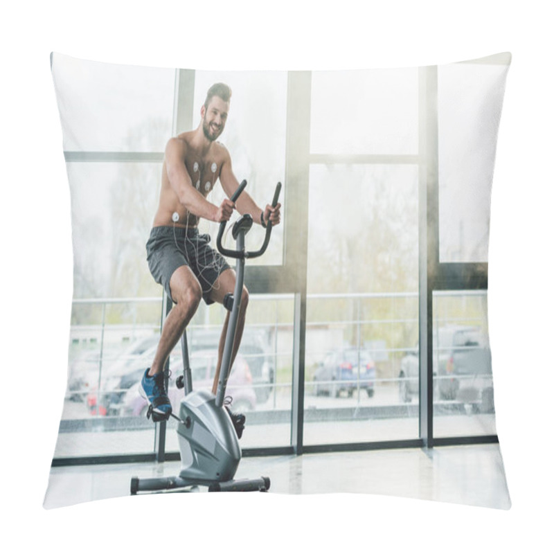 Personality  Smiling Handsome Sportsman With Electrodes On Elliptical During Endurance Test In Gym Pillow Covers