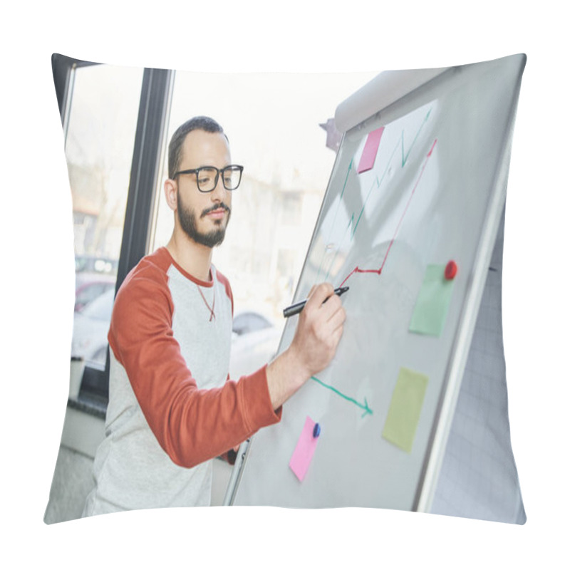 Personality  Bearded Entrepreneur In Eyeglasses And Casual Clothes Holding Felt Pen And Working With Business Analytics On Flip Chart And Planning Startup, Young Businessman Working In Modern Office Pillow Covers