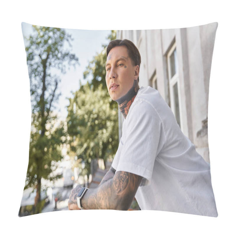 Personality  He Leans Casually On The Balcony, Soaking Up The Sun And Admiring The Lively Street Below. Pillow Covers