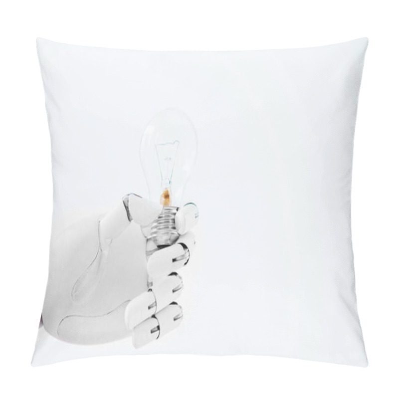 Personality  Close-up View Of Hand Of Robot Holding Light Bulb Isolated On White Pillow Covers