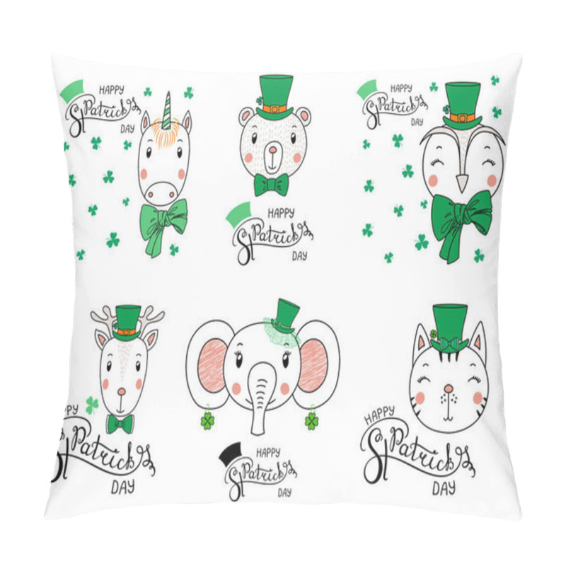 Personality  Set Of Hand Drawn Cute Funny Animals In Leprechaun Top Hats With Text Happy Saint Patricks Day, Vector, Illustration Pillow Covers