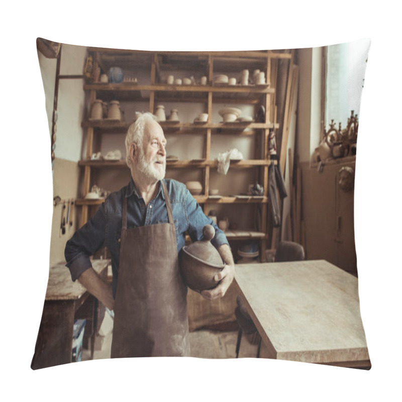 Personality  Front View Of Proud Senior Potter In Apron Standing With Ceramic Bowl At Workshop Pillow Covers