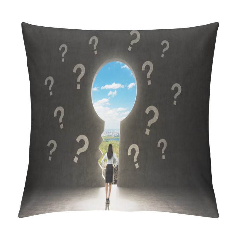 Personality  A Keyhole In The Concrete Wall. A Business Lady Dressed In Formal Suit Is Looking At New York City In The Hole. There Are Drawn Question Marks Around The Hole. Pillow Covers