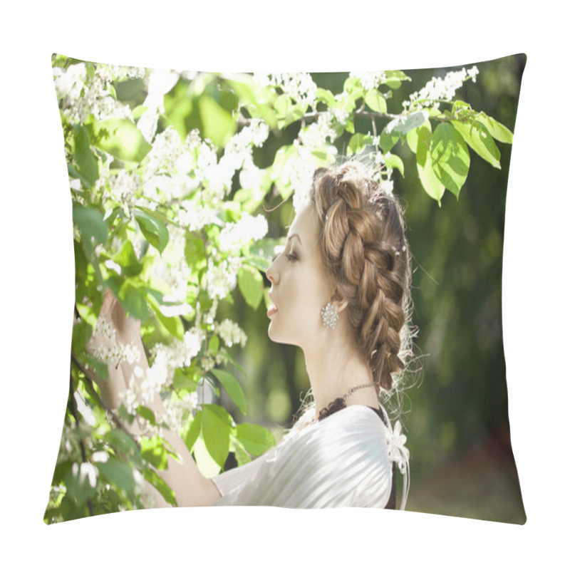 Personality  Woman With A Hair Braid In A Blossoming Park. Pillow Covers