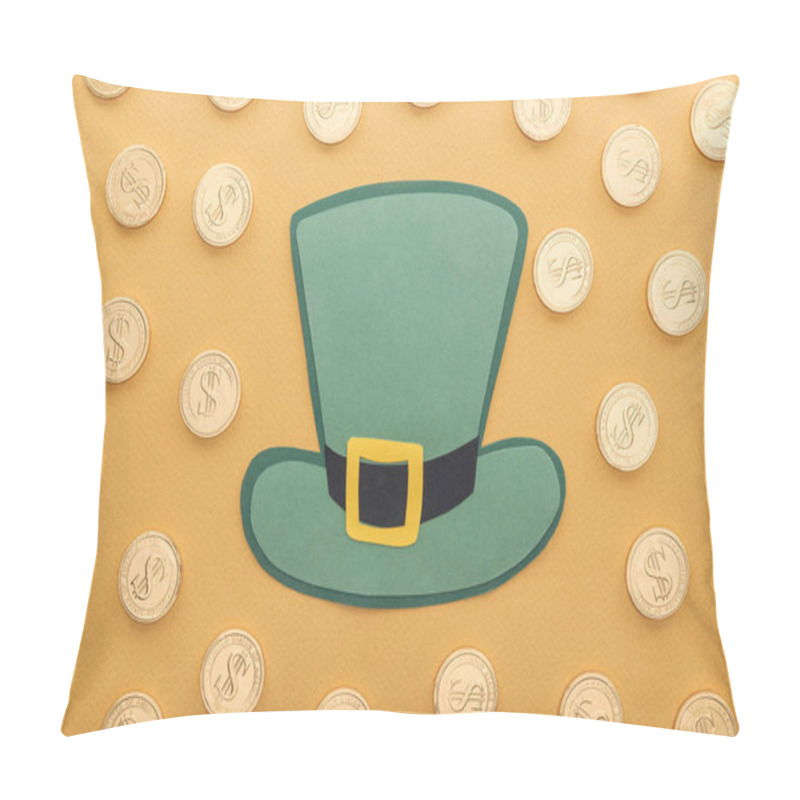 Personality  Top View Of Golden Coins With Dollar Signs And Green Paper Hat Isolated On Orange, St Patrick Day Concept Pillow Covers