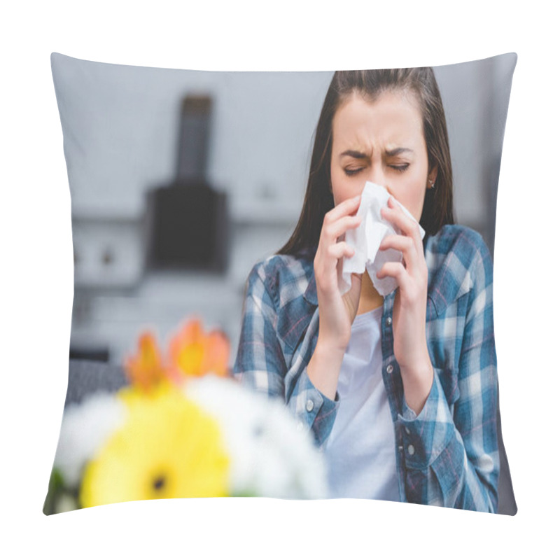 Personality  Young Woman With Allergy Holding Facial Tissue And Sneezing, Flowers On Foreground Pillow Covers