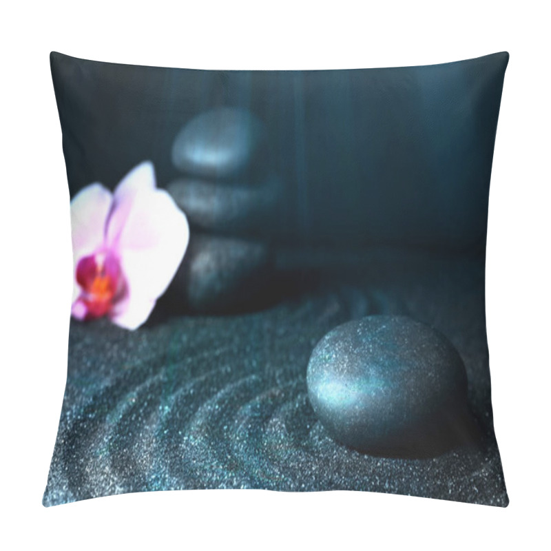 Personality  Spa Stones And Orchid Flower On Black Sand With Beautiful Pattern. Zen Concept Pillow Covers