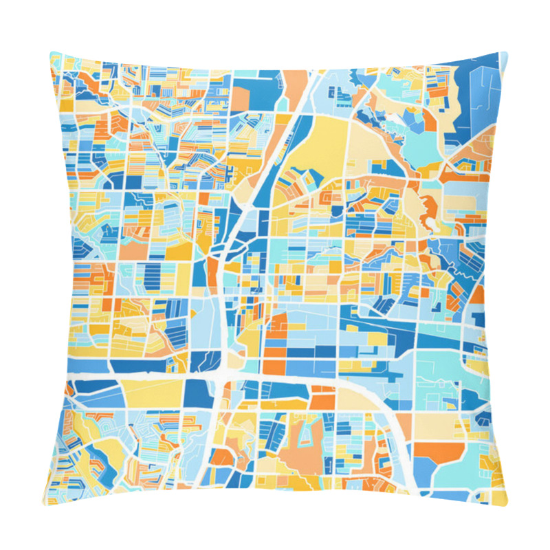 Personality  Color Art Map Of  Plano, Texas, UnitedStates In Blues And Oranges. The Color Gradations In Plano   Map Follow A Random Pattern. Pillow Covers