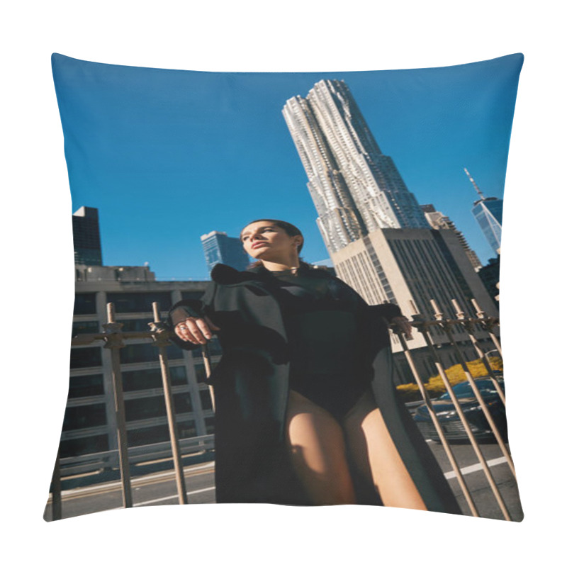 Personality  A Young Woman Dances In The Streets Of New York City, With Skyscrapers Towering Above. Pillow Covers