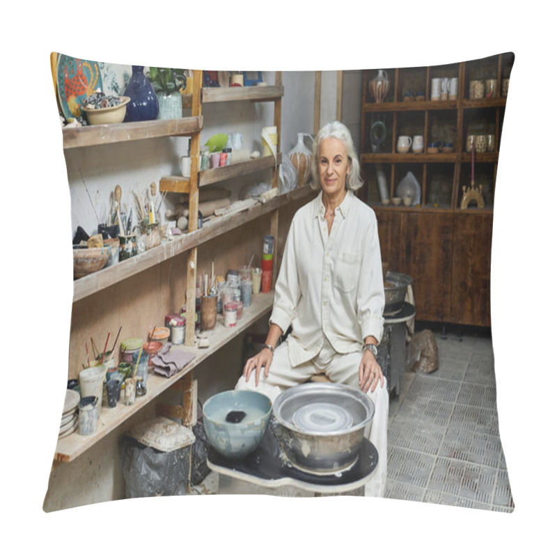 Personality  A Mature Woman Creates Unique Pottery Pieces In Her Artistic, Tool Filled Space. Pillow Covers