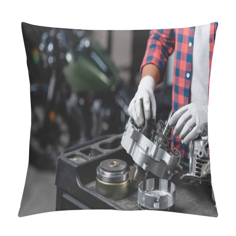 Personality  Cropped View Of Repairman In Gloves Examining Disassembled Motorbike Gearbox Pillow Covers