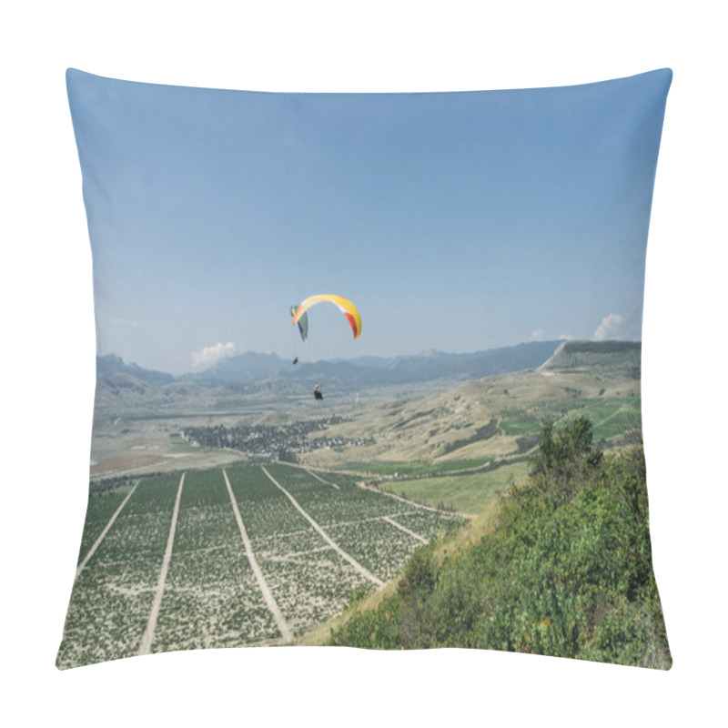 Personality  Parachutists Gliding In Blue Sky Over Scenic Landscape Of Crimea, Ukraine, May 2013 Pillow Covers