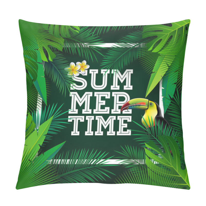 Personality  Vector Summer Time Holiday Typographic Illustration With Toucan Bird And Flower On Tropical Plants Background. Design Template With Green Palm Leaf For Banner, Flyer, Invitation, Brochure, Poster Or Pillow Covers