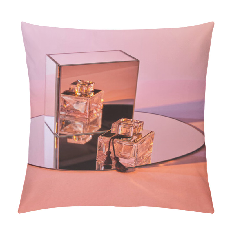 Personality  Perfume Bottle On Round Mirror With Cube On Pink Background Pillow Covers