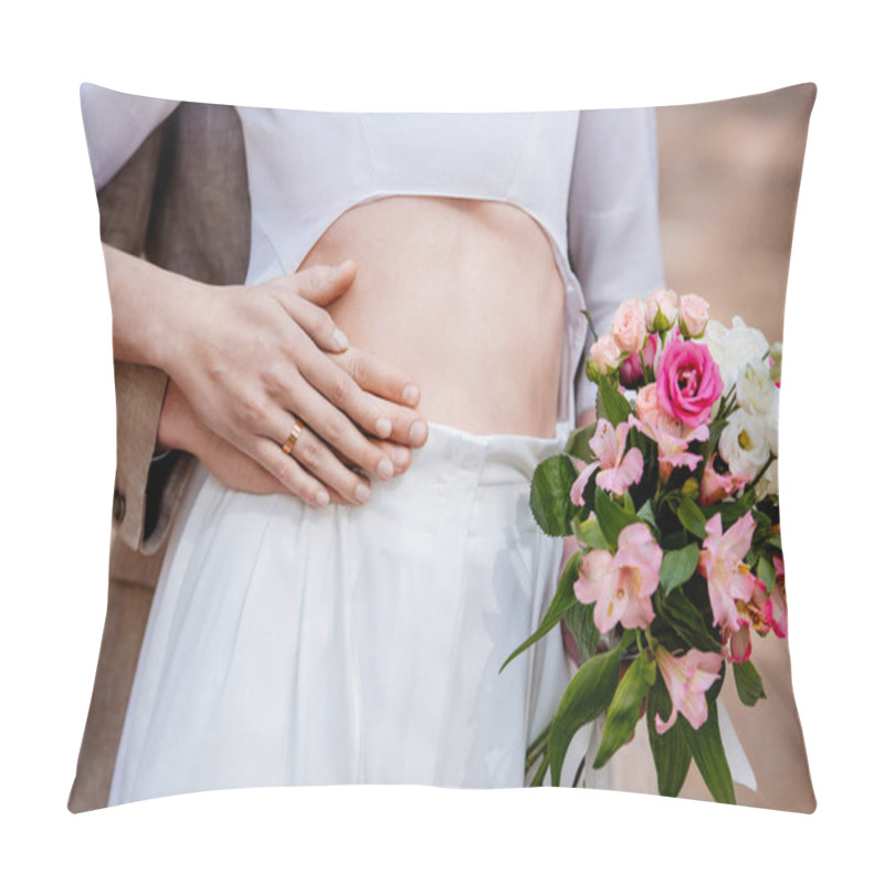 Personality  Cropped View Of Bridegroom Embracing Bride With Wedding Bouquet Pillow Covers