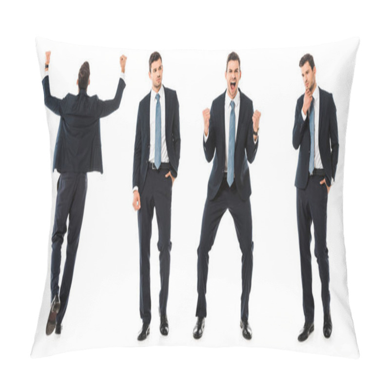 Personality  Collage Of Businessman Showing Different Reactions Isolated On White Pillow Covers