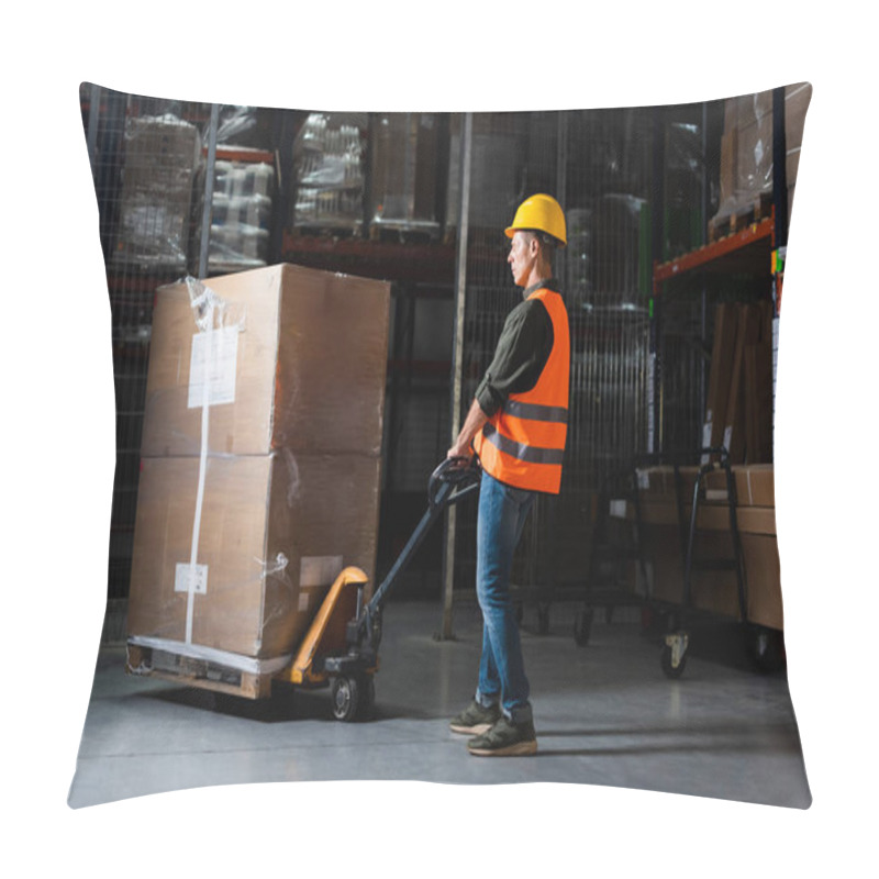 Personality  Strong Middle Aged Warehouse Worker In Hard Hat And Safety Vest Transporting Pallet With Hand Truck Pillow Covers