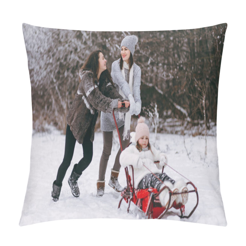 Personality  View Of Mother With Elder Daughter Sledding Smaller Daughter And Having Fun On Winter Forest Background Pillow Covers