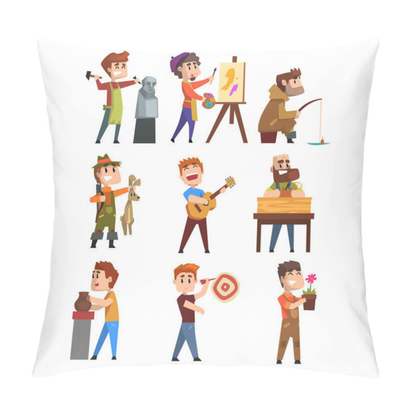 Personality  People Hobby Set. Cartoon Male Characters. Sculpturing, Painting, Fishing, Hunting, Playing Guitar, Gardening, Playing Darts. Flat Vector On White. Pillow Covers