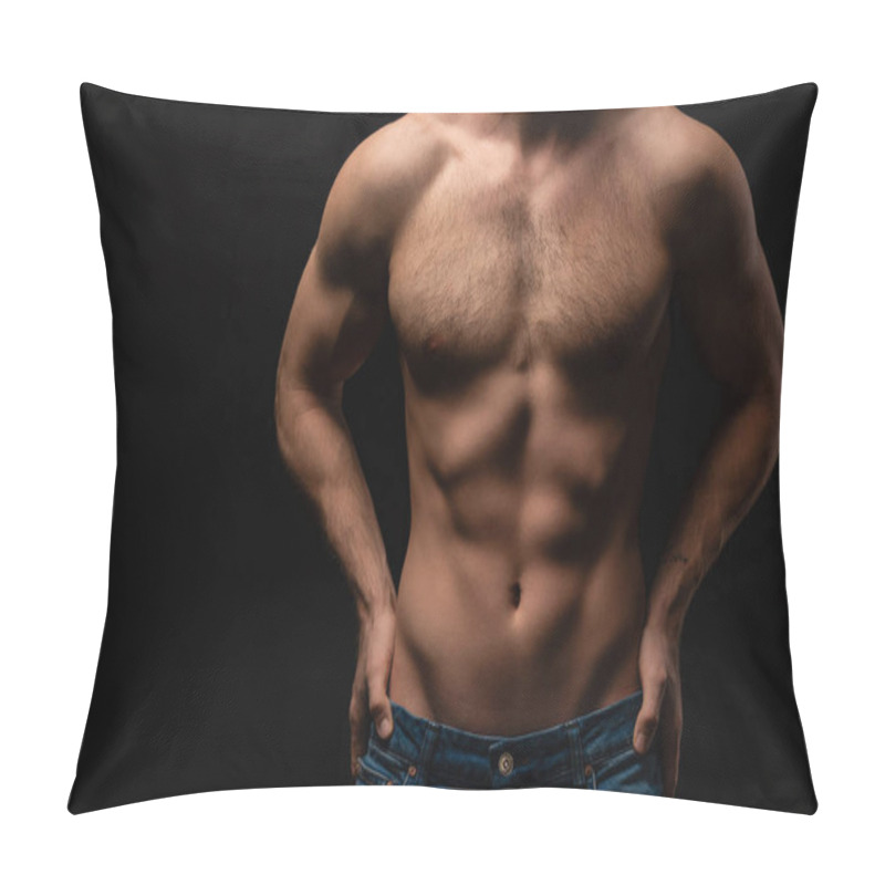 Personality  Cropped View Of Sexy Man In Jeans With Bare Muscular Torso Isolated On Black Pillow Covers