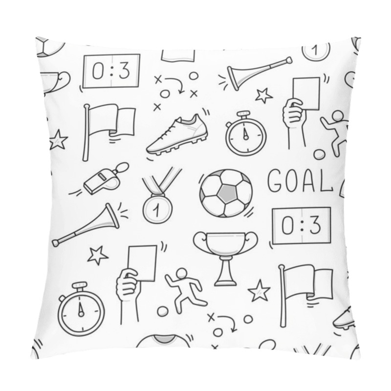 Personality  Soccer Doodle Seamless Pattern. Football Goal, Award Cup, Whistle Hand Drawn Line Doodle Sketch Style Equipment Icon. Vector Illustration Pillow Covers