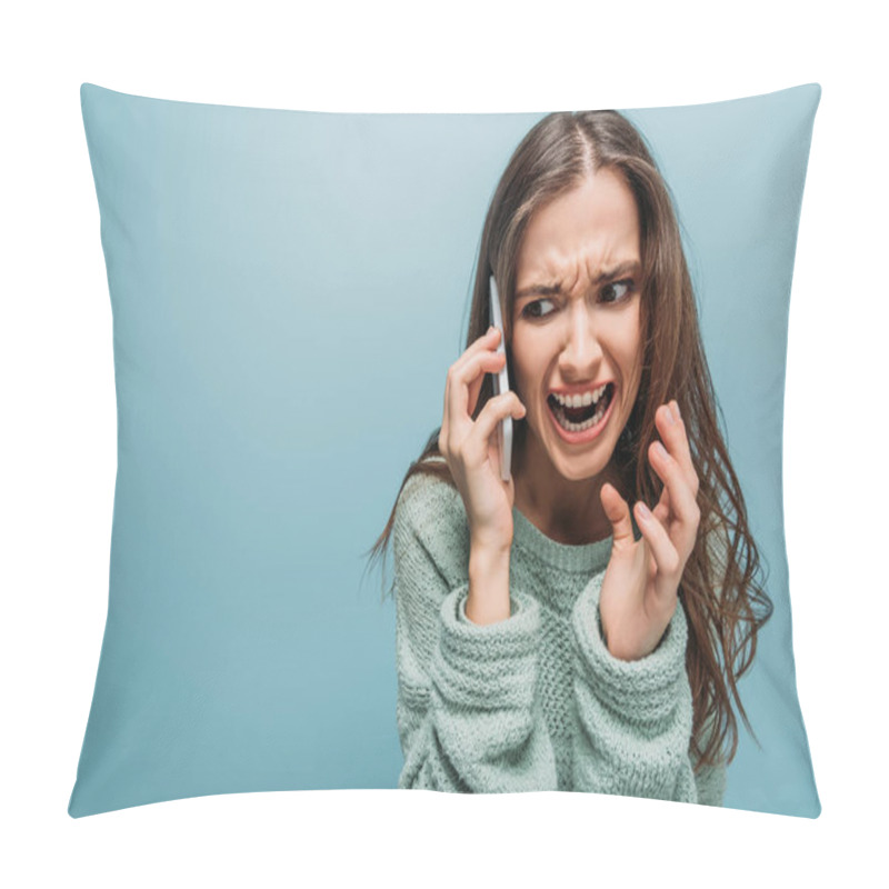 Personality  Aggressive Woman Screaming And Talking On Smartphone, Isolated On Blue Pillow Covers