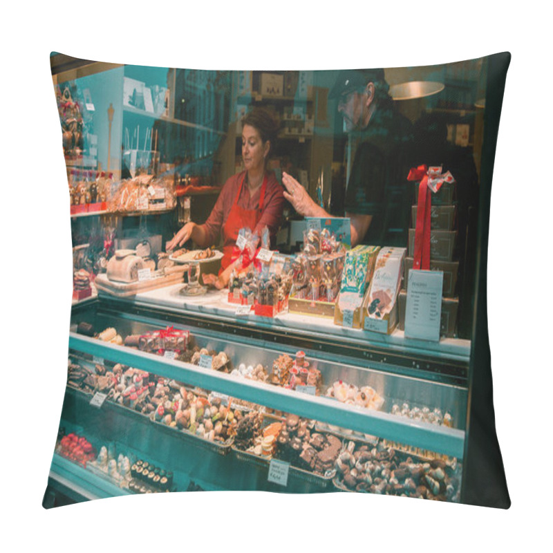 Personality  ANTWERP, BELGIUM - October 2, 2019: Unknown People Buy Famous Belgian Sweets In A Pastry Shop In Antwerp Pillow Covers