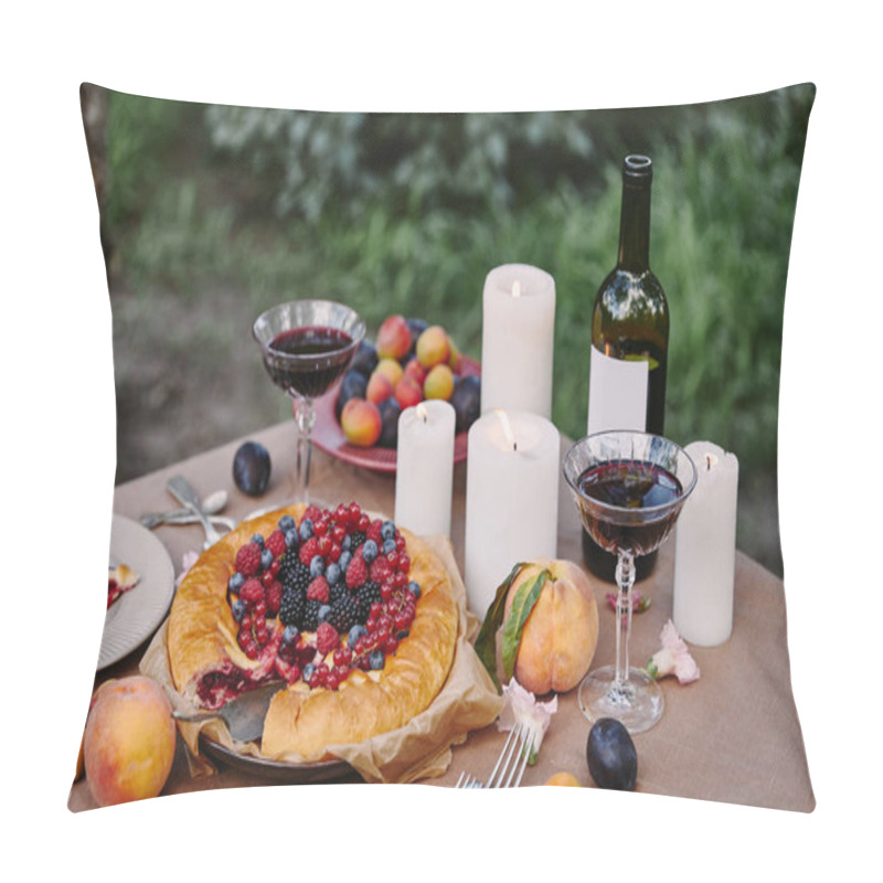 Personality  Tasty Appetizing Berries Pie And Candles On Table In Garden Pillow Covers