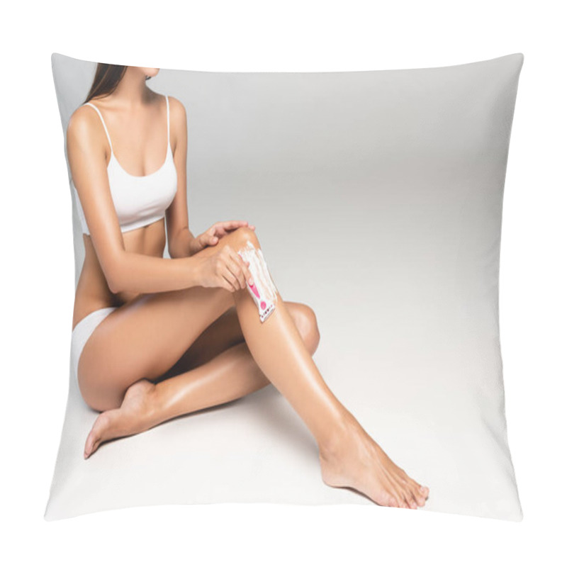 Personality  Cropped View Of Young Adult Woman Shaving Leg With Safety Razor Using Cream On Grey Pillow Covers