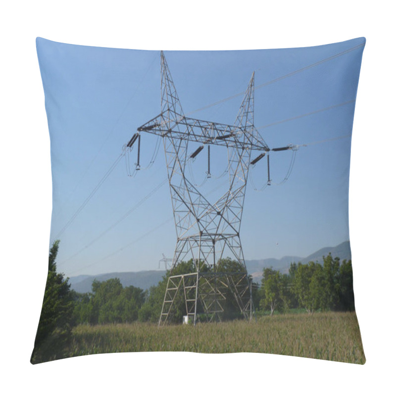 Personality  Electric Pylon Rising Against A Clear Blue Sky: A Symbol Of Industry Interwoven With Nature's Serenity Pillow Covers