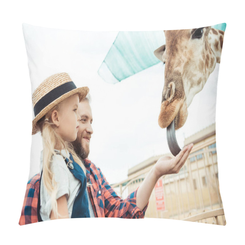 Personality  Family Feeding Giraffe In Zoo Pillow Covers