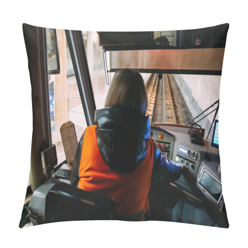 Personality  Subway Train Driver On Workplace, View From Behind. Pillow Covers