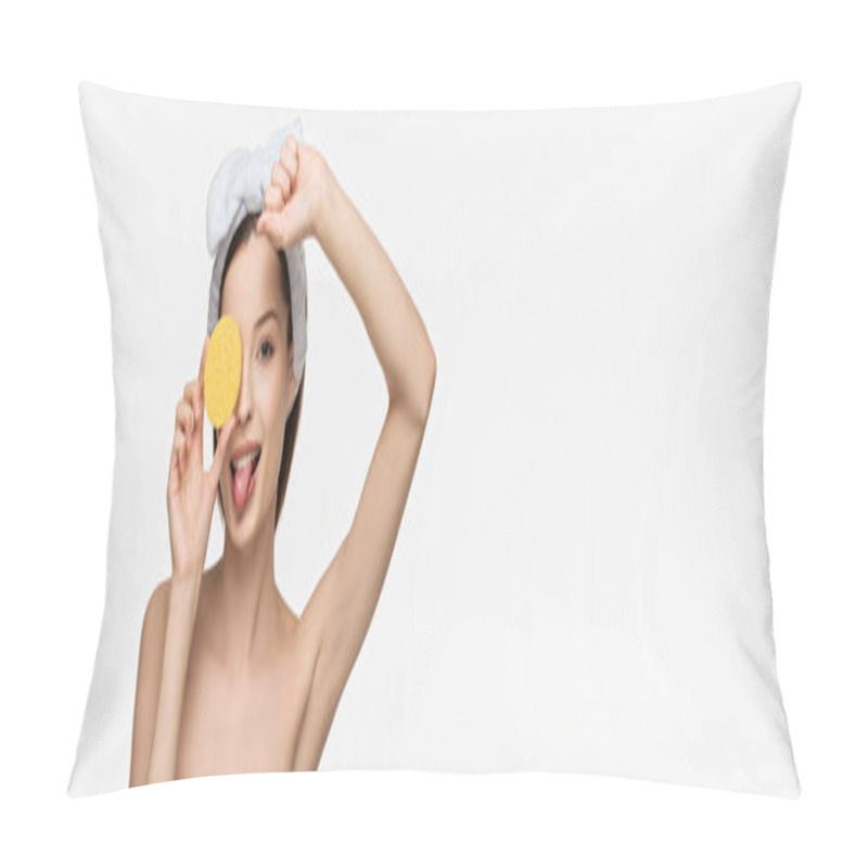 Personality  Panoramic Shot Of Cheerful Girl Holding Cosmetic Sponge And Sticking Tongue Out Isolated On White Pillow Covers