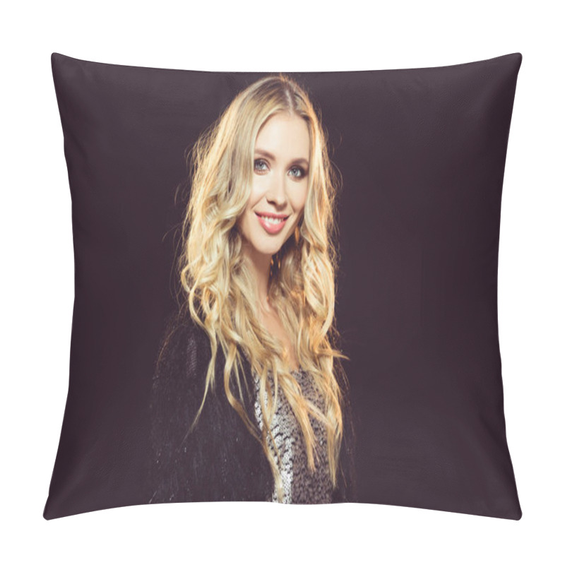 Personality  Portrait Of Smiling Attractive Woman Looking At Camera On Black Pillow Covers