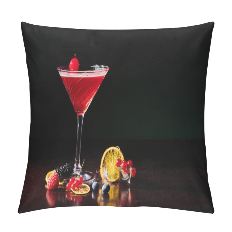 Personality  Freshening Cosmopolitan Garnished With Cocktail Cherry On Black Background, Concept Pillow Covers