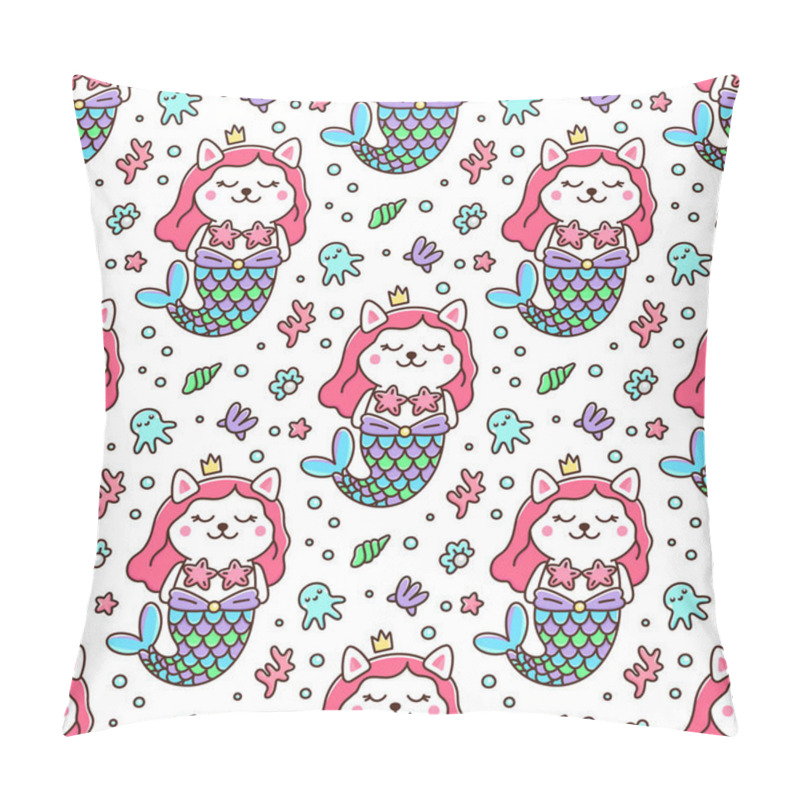 Personality  Seamless Pattern With Cat In A Mermaid Costume. With Tail Of A Mermaid, Crown, Pearl, Shell, Coral, Octopus And Starfish. It Can Be Used For Packaging, Wrapping Paper, Textile And Etc. Excellent Print For Children's Clothes, Bed Linens, Etc. Pillow Covers