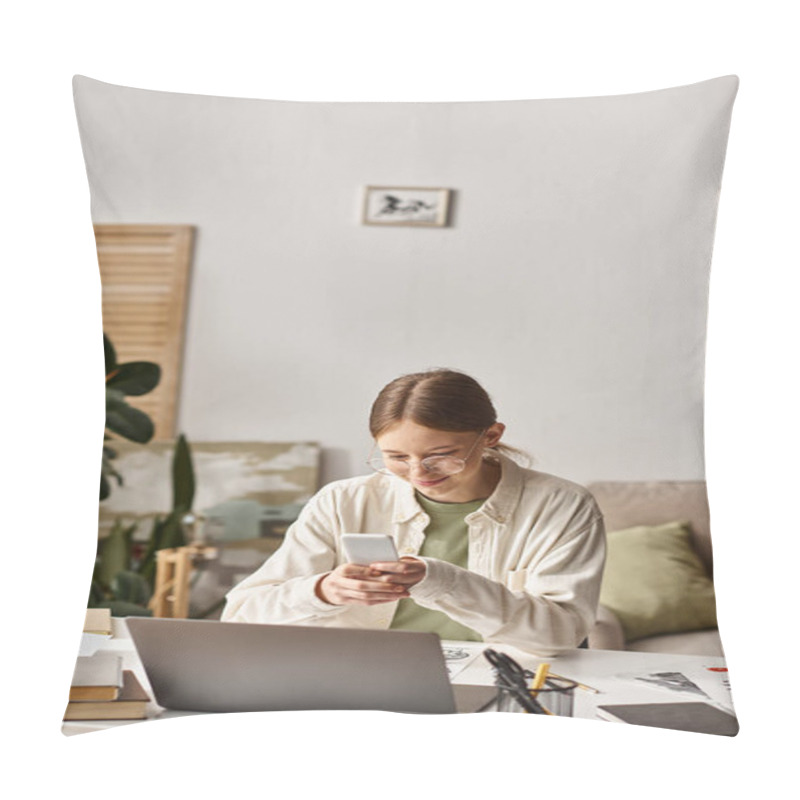 Personality  Happy Teenage Girl Using Smartphone Near Laptop Near Her Sketch Drawing On Desk, Online Art Class Pillow Covers