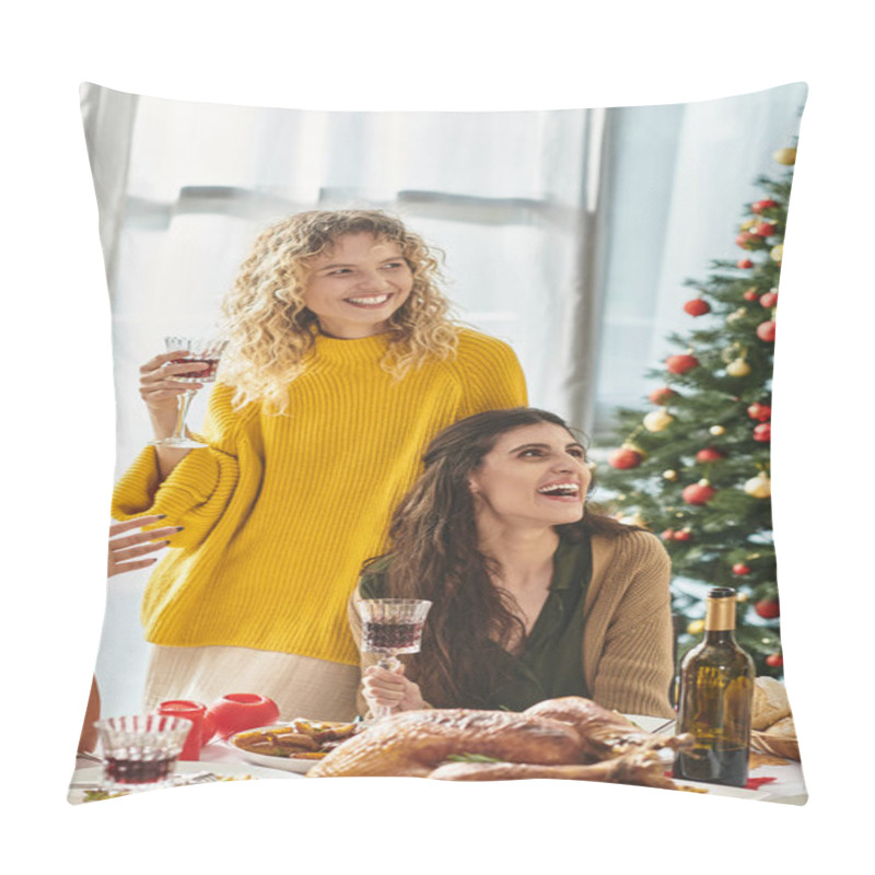 Personality  Happy Lgbt Couple Celebrating Christmas With Their Family Smiling Sincerely Enjoying Wine And Feast Pillow Covers