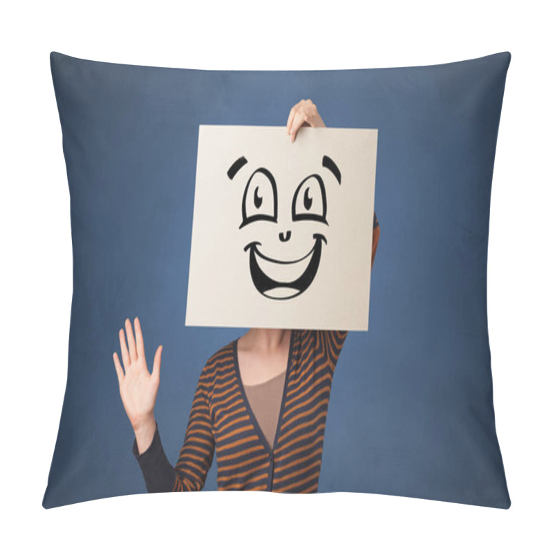 Personality  Person Holding A Paper In Front Of His Face With Doodle Emoticon Pillow Covers