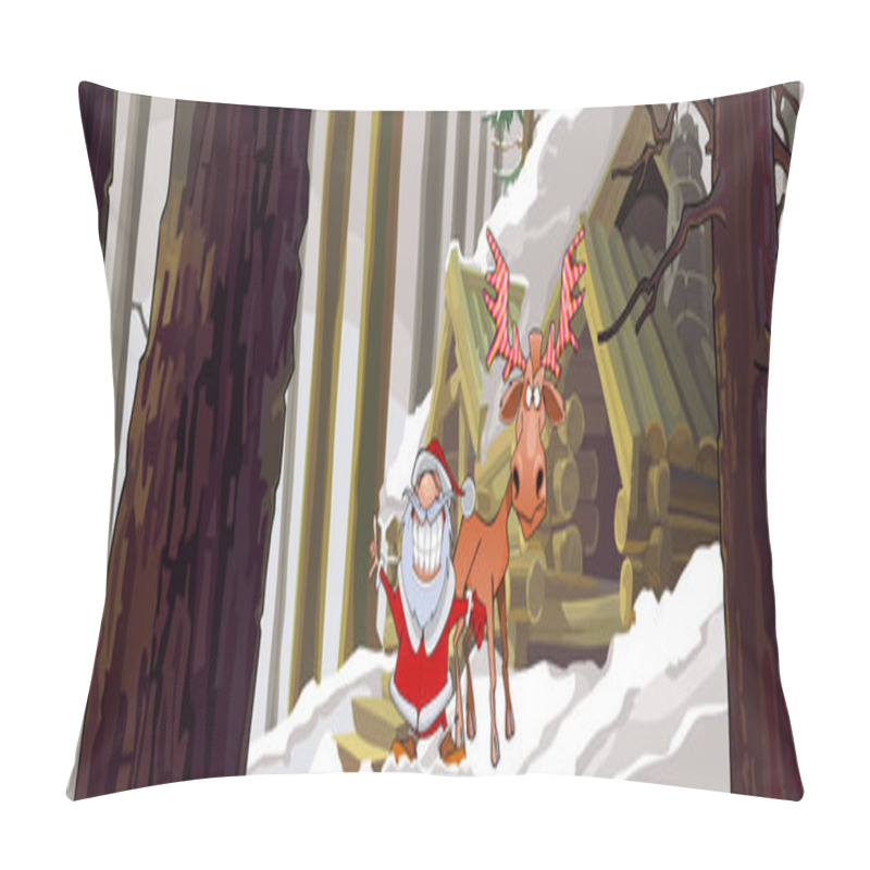 Personality  Cartoon Joyous Santa Claus Standing With A Moose In The Winter Woods Near The Hut Pillow Covers