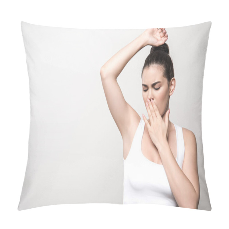 Personality  Shocked Woman Looking At Underarm And Covering Mouth With Hand Isolated On Grey Pillow Covers