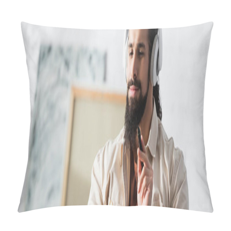 Personality  Bearded Latin Designer In Headphones Holding Stylus While Working In Home Studio, Banner Pillow Covers