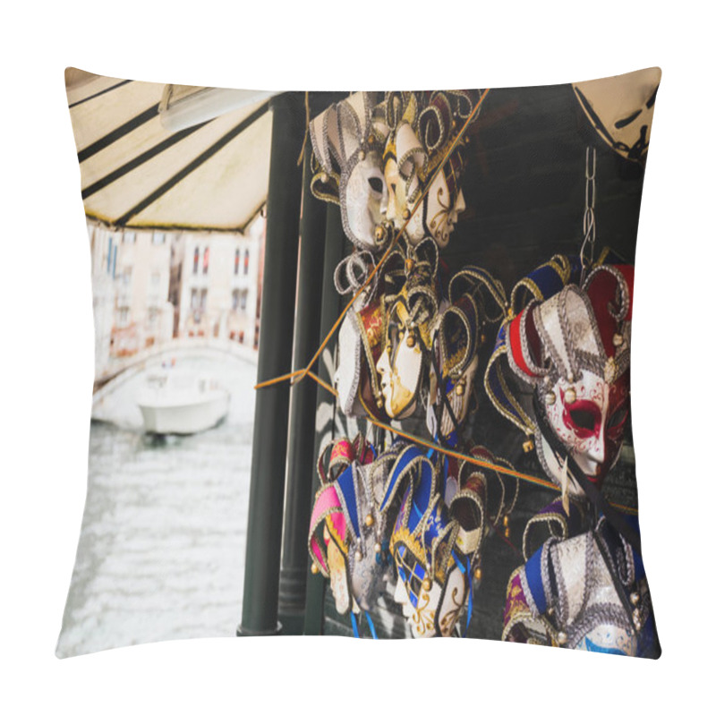 Personality  Selective Focus Of Carnival Masks And Motor Boat Floating On Background In Venice, Italy  Pillow Covers