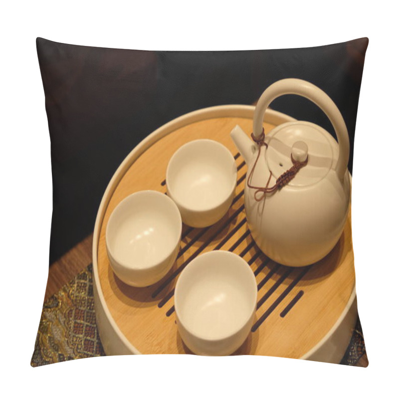 Personality  Close Up Traditional Chinese Tea Cups And Teapot. Black Copy Space As Background Pillow Covers